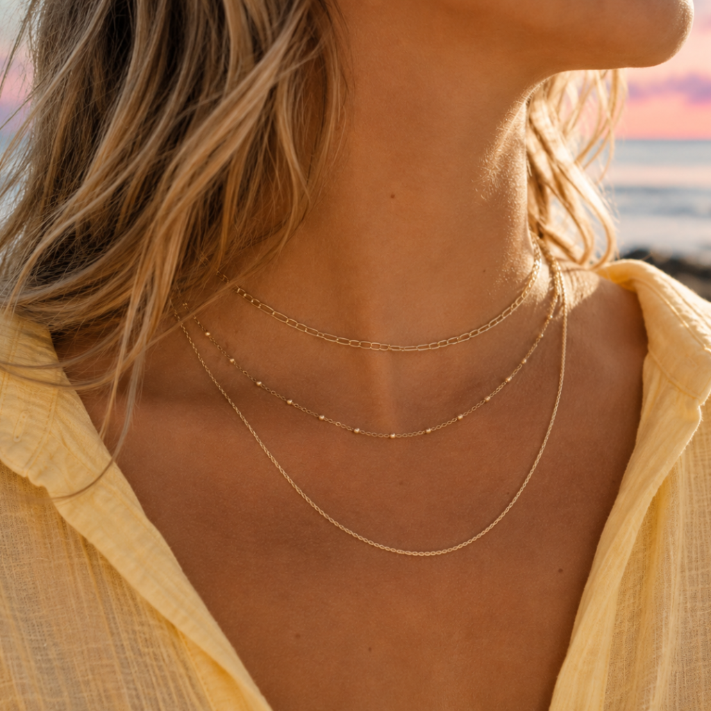 14K gold filled permanent necklace layered with delicate chains by Coastal Chains in Charleston, SC.