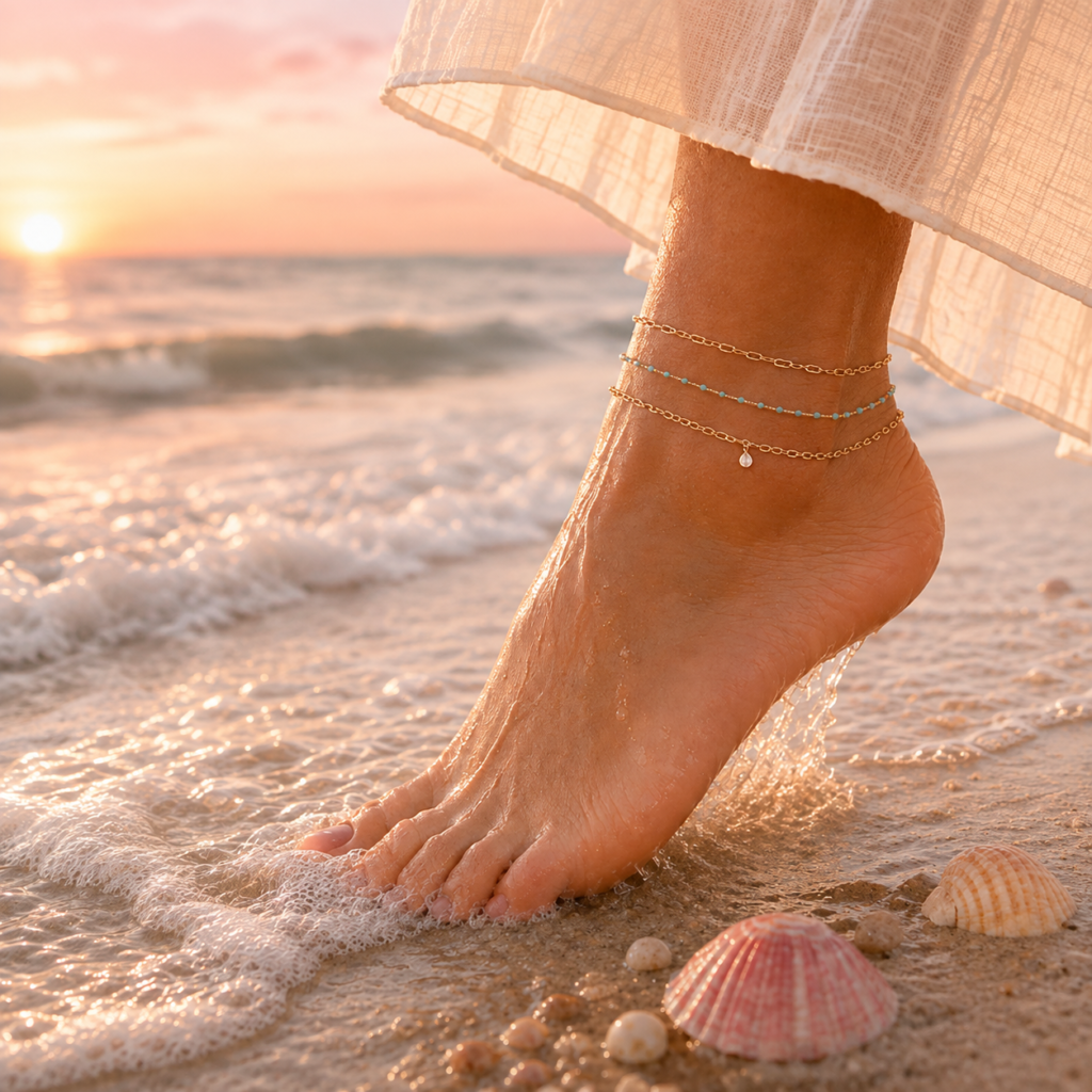 14K gold filled permanent anklets worn on the beach at sunset by Coastal Chains in Charleston, SC.