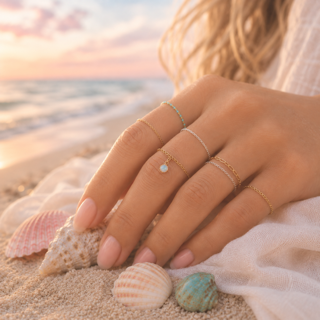 14K gold filled permanent chain rings with a delicate gemstone charm by Coastal Chains in Charleston, SC.