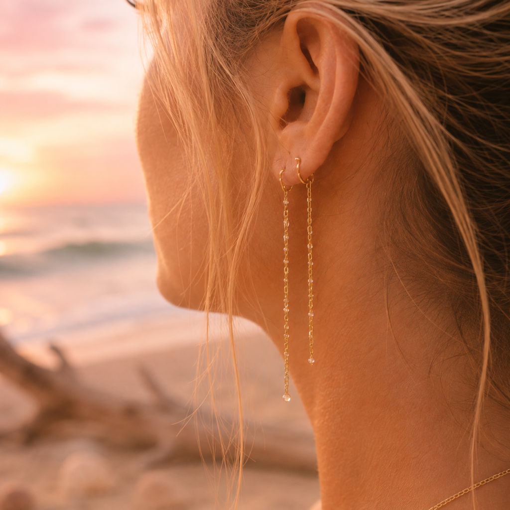 Delicate 14K gold filled permanent threader earrings by Coastal Chains in Charleston, SC.