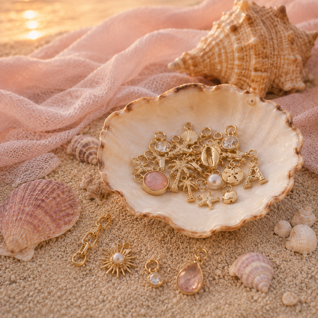 Selection of permanent jewelry charms and connectors by Coastal Chains in Charleston, SC.